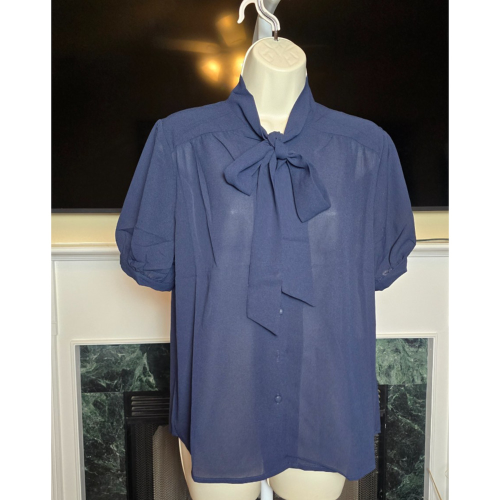 Tulip B Medium Navy Tie Neck Blouse Puff Sleeve Covered Button Front - Picture 2 of 7